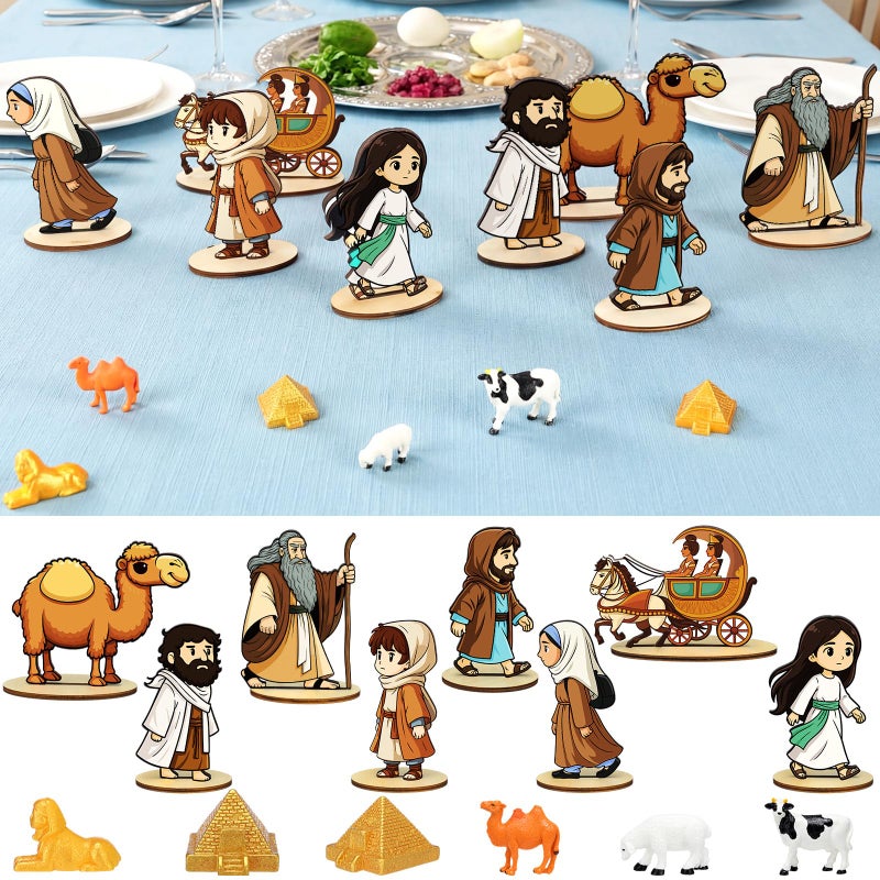 Vicenpal 14 Pcs Passover Table Centerpiece Happy Passover Egyptian Figurines Ancient Jewish Pesach Wooden Tabletop Decor with Base Sphinx Camel Pyramid Moses Crowd for Jewish Indoor Party Decor - Image 2