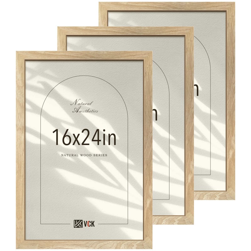 VCK 16x24 Natural Wood Frame for Poster  Picture Solid Wood Photo Frames 3 Pack Wall Gallery Frame