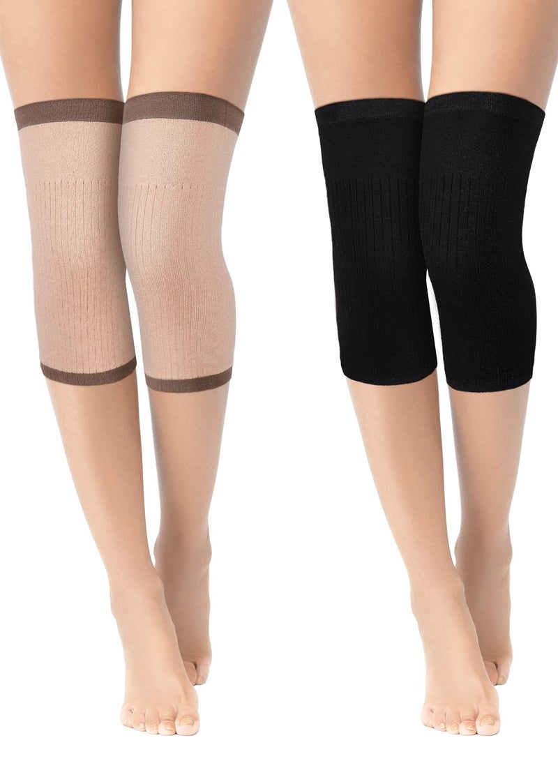 KASTWAVE 2 Pairs Leg Warmers Winter Knee Warmer Cashmere Knitted Warm Knee Pads Elastic Knee Warmers Women Thermal Helps Improve Blood Circulation for Running, Walking, Riding, Black, Wheat Colored - Image 1
