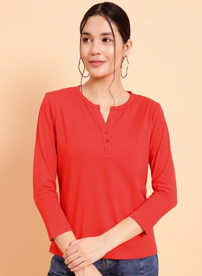 MINT STREET Red Henley Neck Cotton T-Shirt for Women