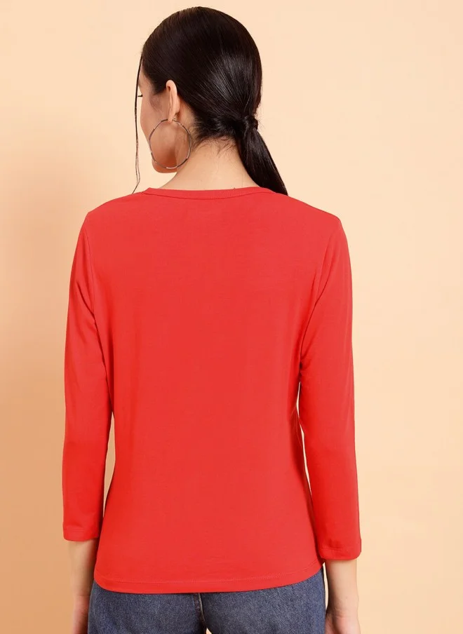 MINT STREET Red Henley Neck Cotton T-Shirt for Women