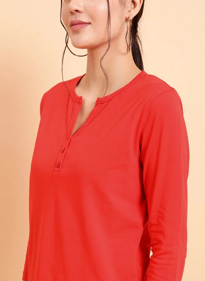 MINT STREET Red Henley Neck Cotton T-Shirt for Women