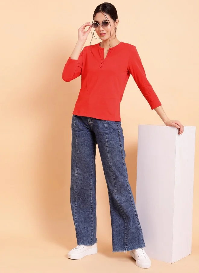 MINT STREET Red Henley Neck Cotton T-Shirt for Women