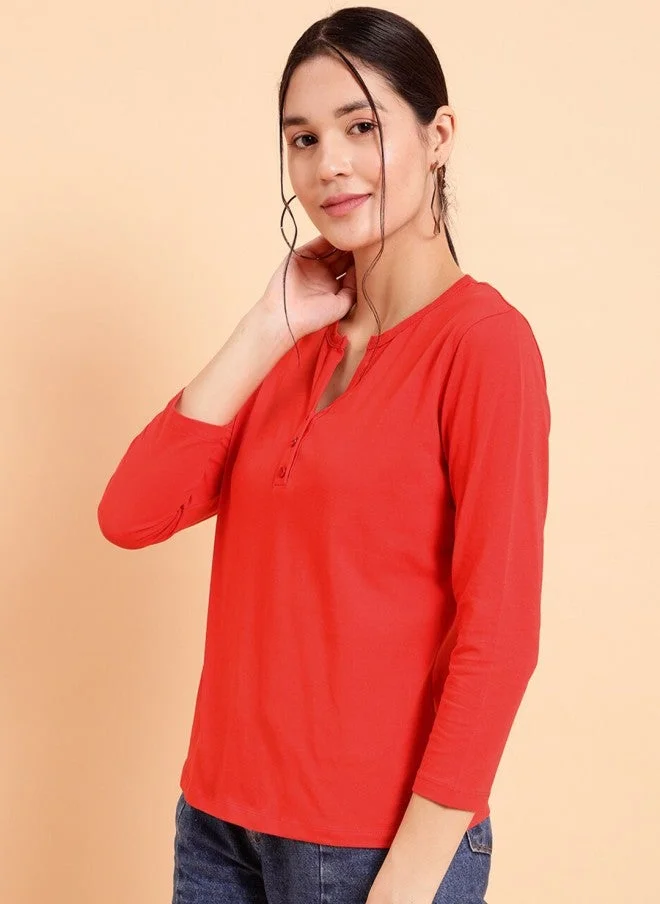 MINT STREET Red Henley Neck Cotton T-Shirt for Women