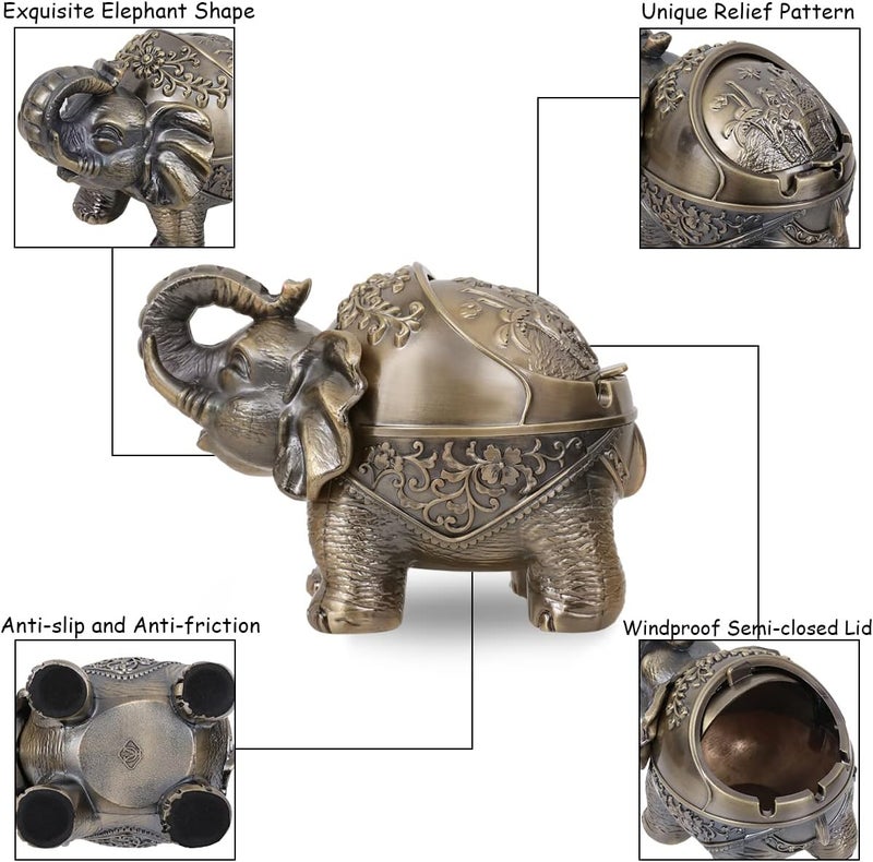 Gusnilo Elephant Outdoor Ashtray Metal Ashtray for Ashtray with Lid Ashtrays for Indoor Ashtray Decoration Ashtrays for Cigarettes Metal Gift for Men Women(Bronze) - Image 4