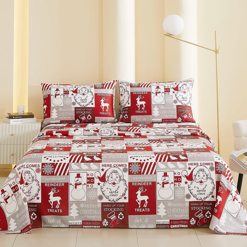 Vaulia Christmas Bed Sheets Queen Soft Microfiber Grey and Red Plaid Snowflake Senta 4 Piece Sheets Set with 1 Fitted Sheet 1 Flat Sheet 2 Pillowcases
