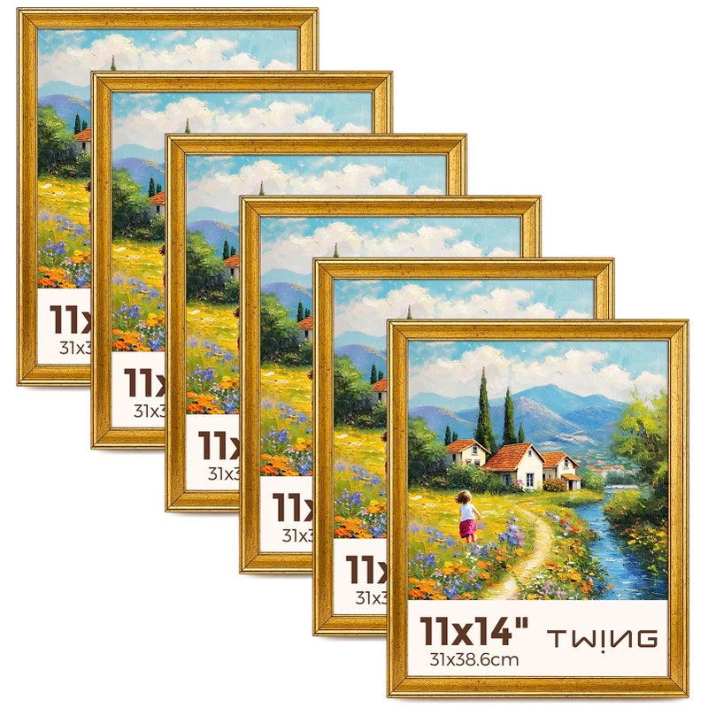 TWING 11x14 Gold Picture Frames Set of 6Rustic Gold Frames Display Pictures 8x10 with Mat or 11x14 without MatGallery Photo Frames for Wall MountingIdeal for Gift