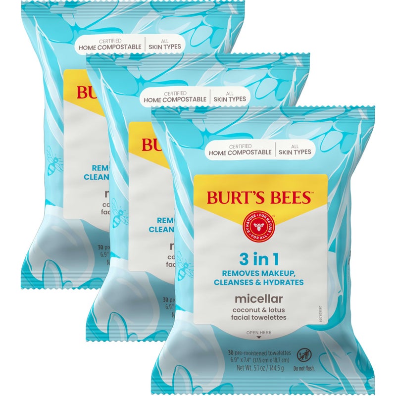 Burt's Bees Stocking Stuffers, Coconut & Lotus Face Wipes, for All Skin Types, Micellar Makeup Remover & Facial Cleansing Towelettes, Skin Care Christmas Gifts, 30 Ct. (3-Pack) - Image 1