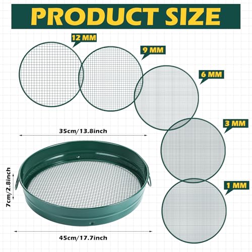 Funnymoom 14.57'' Large Soil Sifter for Gardening with 1, 3, 6, 9, 12 mm Sieve Mesh Compost Dirt Sifter with Handle Garden Sand Soil Rock Sieve for Dirt Sand Rocks Pellet Gravel(Green) - Image 2
