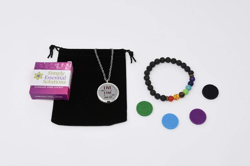 Simply Essential Solutions Aromatherapy Essential Oil Diffuser Stainless Steel 30MM Silver Magnetic Locket Pendant 2 Sizes Chain Necklace, Refill Pads & Diffuser Bracelet in a Velvet Bag (Live Love Dream) - Image 2