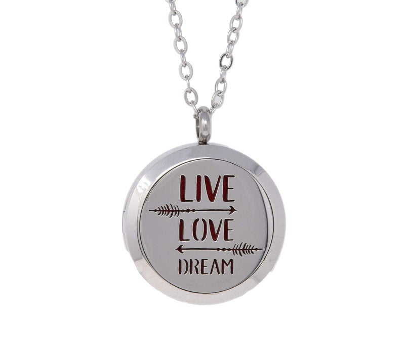 Simply Essential Solutions Aromatherapy Essential Oil Diffuser Stainless Steel 30MM Silver Magnetic Locket Pendant 2 Sizes Chain Necklace, Refill Pads & Diffuser Bracelet in a Velvet Bag (Live Love Dream) - Image 1