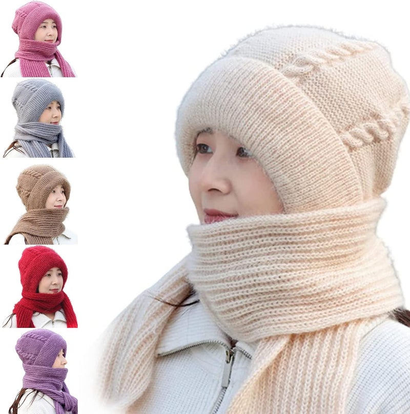 klarako Integrated Ear Protection Windproof Cap Scarf, Knitting Thickening Hat Scarf, Winter Warm Anticold Knitted One-Piece Scarf Cap (Beige) - Image 1
