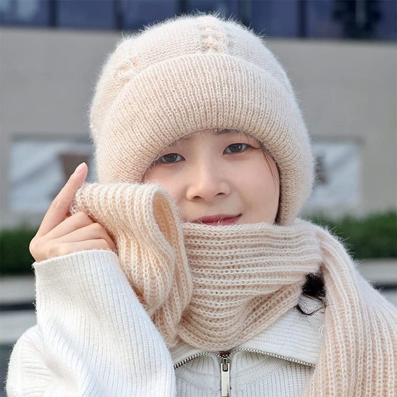 klarako Integrated Ear Protection Windproof Cap Scarf, Knitting Thickening Hat Scarf, Winter Warm Anticold Knitted One-Piece Scarf Cap (Beige) - Image 3