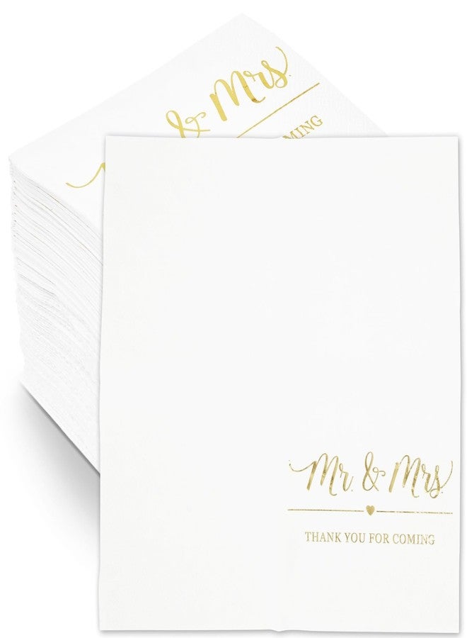 Sparkle and Bash Mr & Mrs Gold Beverage Napkins - 5 x 5 in folded (10 x 10 In unfolded), White & Gold, 100 Pack, 3-Ply - Wedding Reception & Bridal Shower - Image 1