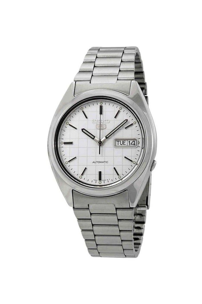 Seiko 5 Men’s Automatic Watch – White Motif Dial, Stainless Steel Bracelet, 37mm Case, Skeleton Back, Day-Date Display - Image 2