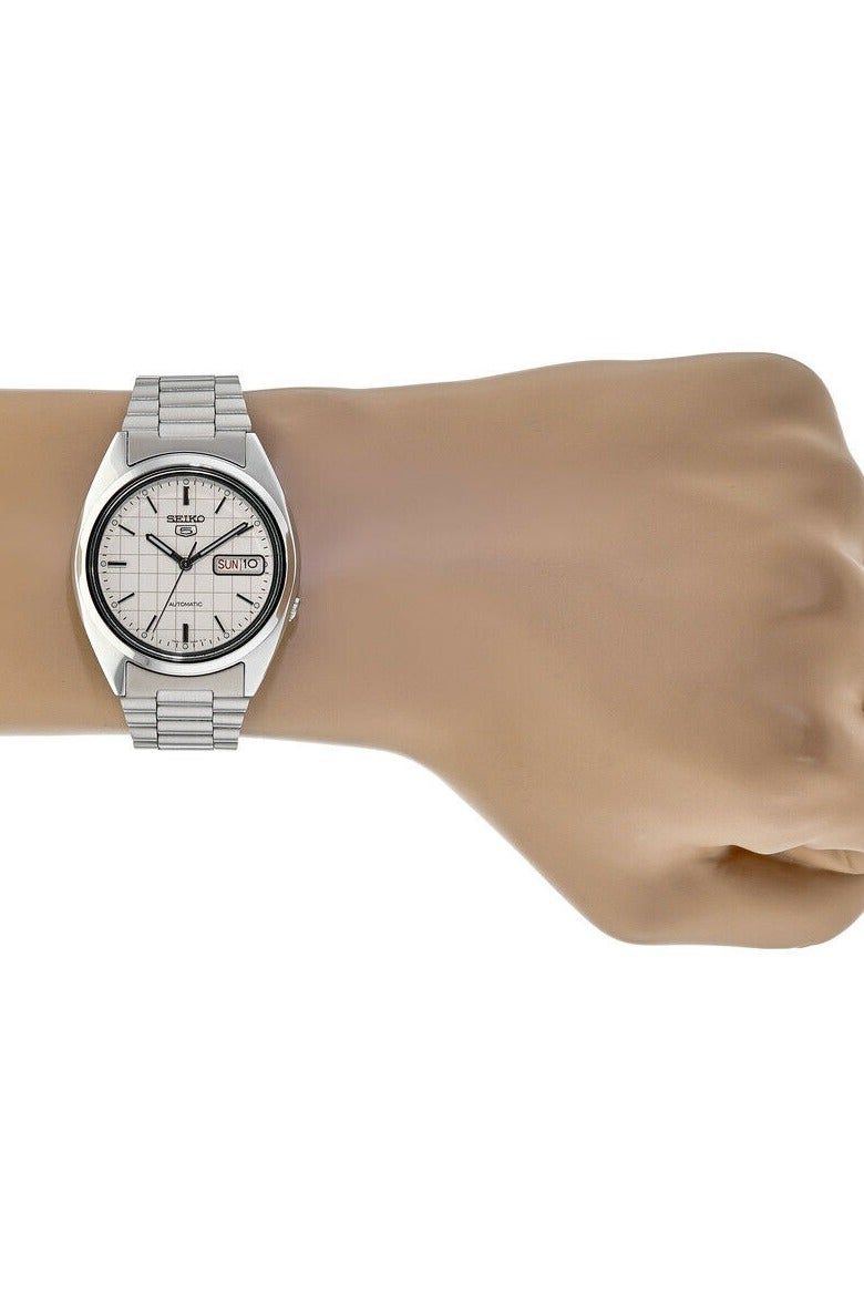 Seiko 5 Men’s Automatic Watch – White Motif Dial, Stainless Steel Bracelet, 37mm Case, Skeleton Back, Day-Date Display - Image 3