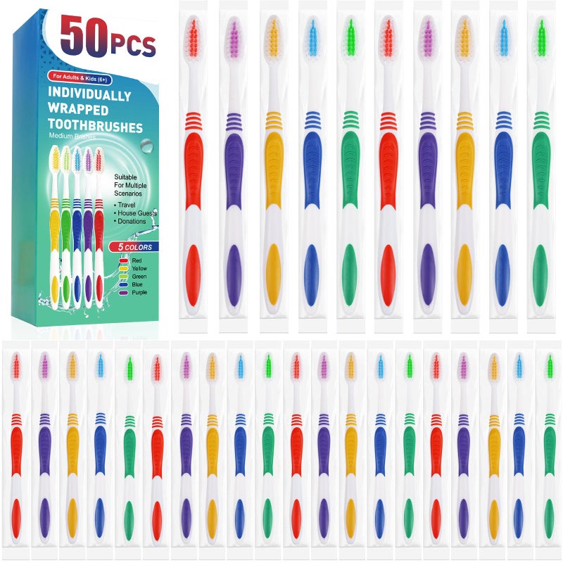 Navona 50 PCS Premium Individually Wrapped Bulk Toothbrush Pack Disposable Toothbrushes Kids Toothbrush Medium Soft Bristle Toothbrushes Ergonomics Handle Perfect for Travel Hotel Donation
