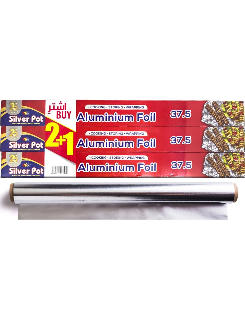 Silver Pot عبوة ترويجية من 3 لفات من ورق الألمنيوم الثقيل من سيلفربوت - 45 سم (37.5 قدم مربع لكل منها) - متين ومتعدد الاستخدامات للطهي، الخبز، التغليف، وتخزين الطعام - Image 1