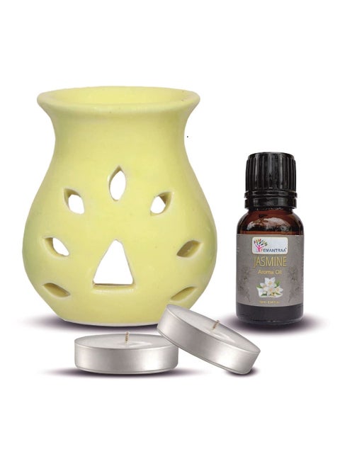 Lifemantraa Ceramic Aroma Diffuser for Home Fragrance Burner with Jasmine Aroma Oil 10ml and Two Tea Light Candle for Room Freshener Yellow 9CM
