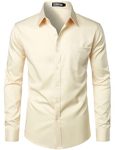 ZEROYAA Men's Urban Stylish Casual Business Slim Fit Long Sleeve Button Up Dress Shirt with Pocket ZLCL29-Beige X-Large - Image 1