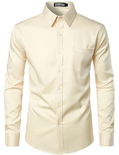 ZEROYAA Men's Urban Stylish Casual Business Slim Fit Long Sleeve Button Up Dress Shirt with Pocket ZLCL29-Beige X-Large - Image 4