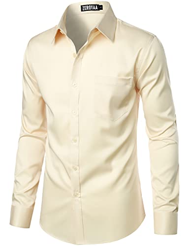 ZEROYAA Men's Urban Stylish Casual Business Slim Fit Long Sleeve Button Up Dress Shirt with Pocket ZLCL29-Beige X-Large - Image 2