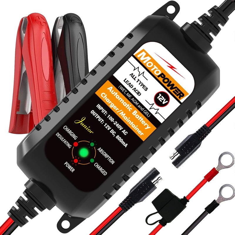 موتوباور شاحن/محافظ بطارية أوتوماتيكي بالكامل MOTOPOWER MP00205A 12V 800mA للسيارات والدراجات النارية والمركبات الرباعية والعربات الترفيهية والمركبات الرياضية والقوارب والمزيد. ذكي، مضغوط، وصديق للبيئة - Image 1