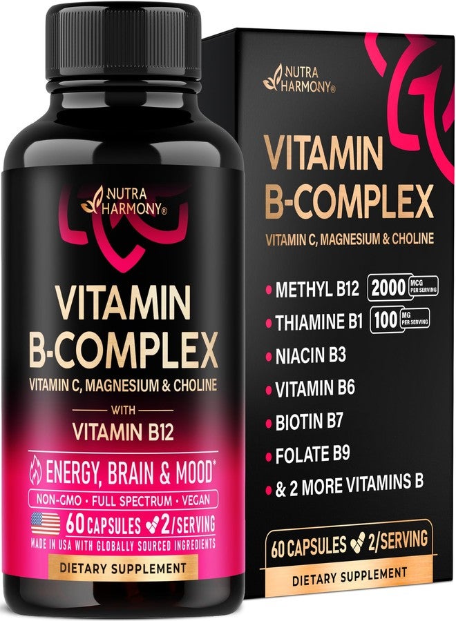 NUTRAHARMONY Vitamin B Complex for Men & Women - Riboflavin B2, B12, B1, B3, B5, B6, B7, B8, B9 | Vitamin C, Choline, Inositol - B-Complex Supplement - Energy, Brain & Heart Support - Made in USA, 60 Vegan Caps - Image 1