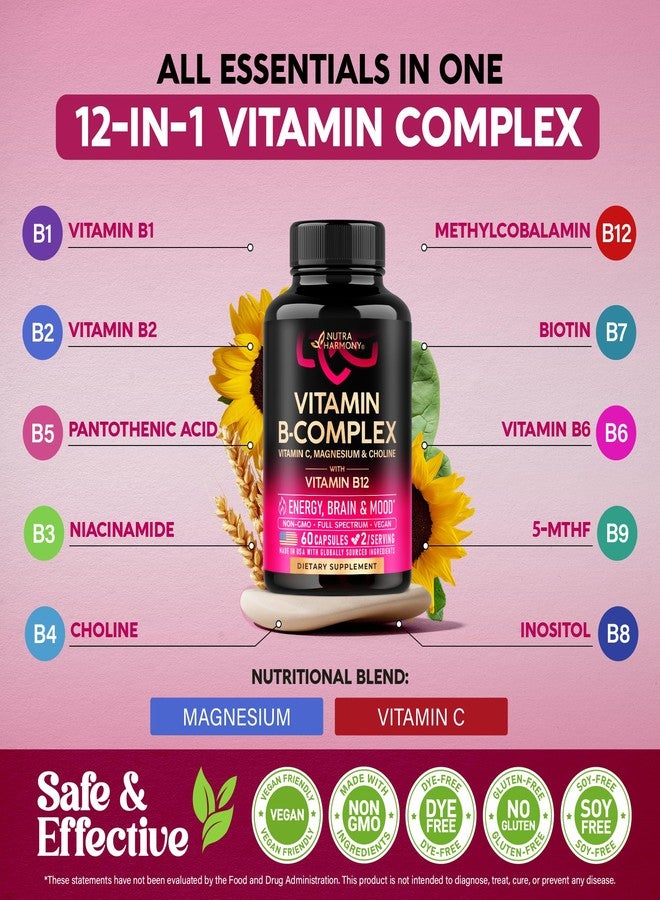 NUTRAHARMONY Vitamin B Complex for Men & Women - Riboflavin B2, B12, B1, B3, B5, B6, B7, B8, B9 | Vitamin C, Choline, Inositol - B-Complex Supplement - Energy, Brain & Heart Support - Made in USA, 60 Vegan Caps - Image 4