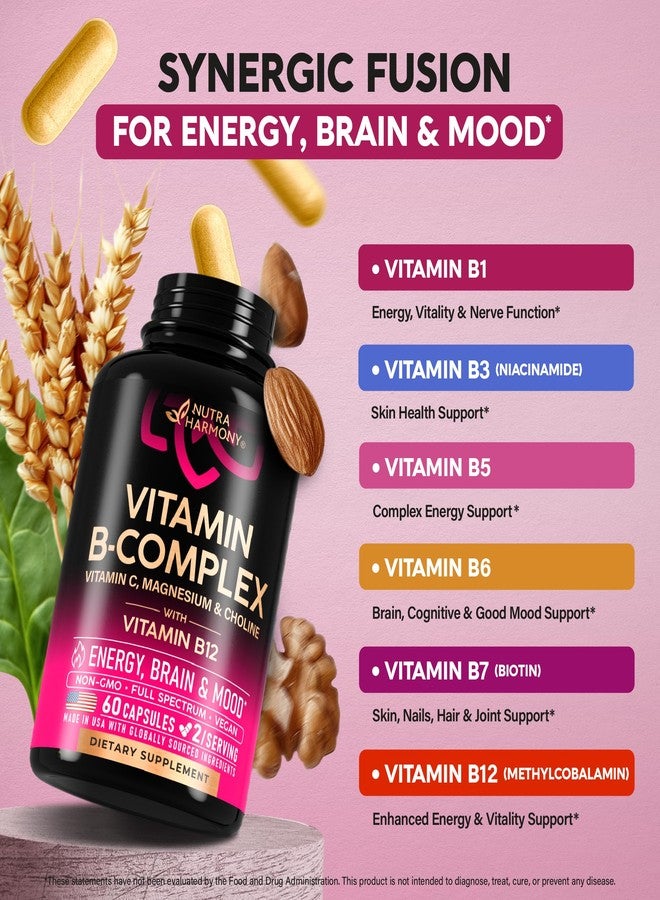 NUTRAHARMONY Vitamin B Complex for Men & Women - Riboflavin B2, B12, B1, B3, B5, B6, B7, B8, B9 | Vitamin C, Choline, Inositol - B-Complex Supplement - Energy, Brain & Heart Support - Made in USA, 60 Vegan Caps - Image 3