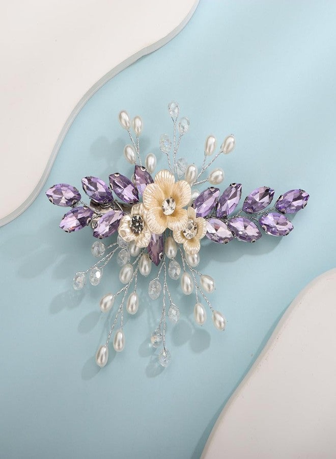 Xerling Light Purple Rhinestones Crystal Flower Hair Barrettes Clip Boho Bridal Pearl Hair Jewelry Accessories for Women Wedding Floral Headpieces (Purple A) - Image 1