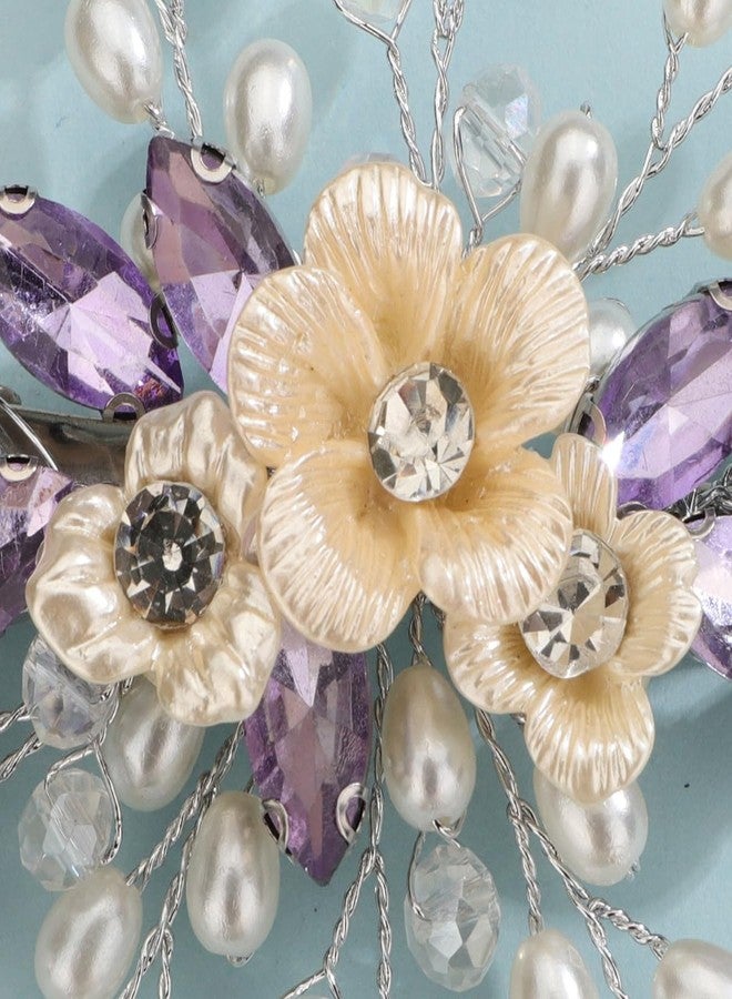 Xerling Light Purple Rhinestones Crystal Flower Hair Barrettes Clip Boho Bridal Pearl Hair Jewelry Accessories for Women Wedding Floral Headpieces (Purple A) - Image 5
