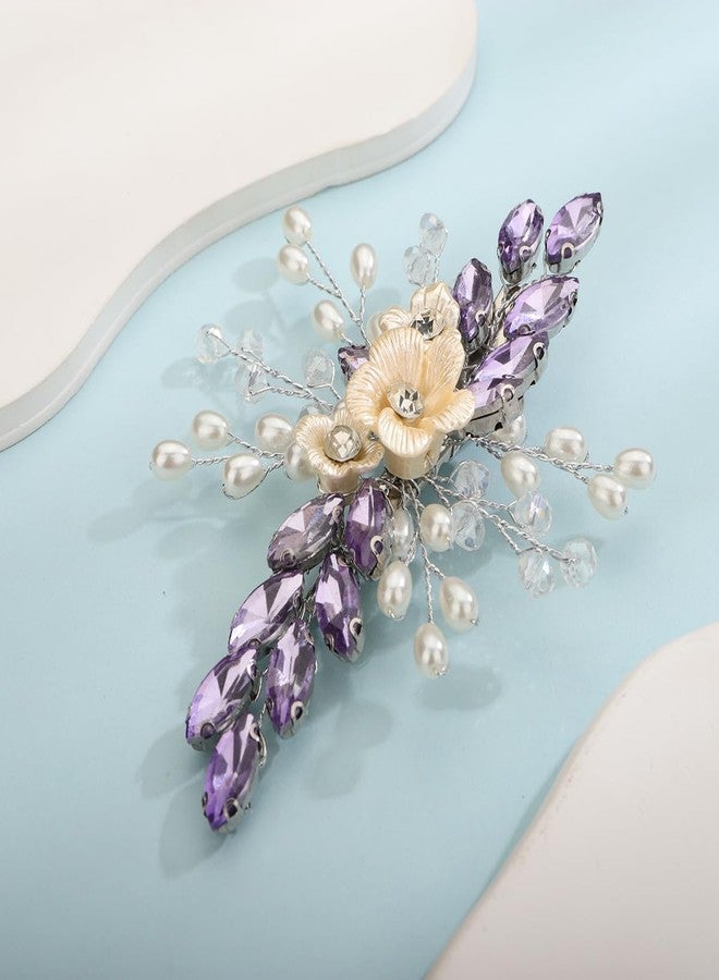 Xerling Light Purple Rhinestones Crystal Flower Hair Barrettes Clip Boho Bridal Pearl Hair Jewelry Accessories for Women Wedding Floral Headpieces (Purple A) - Image 2
