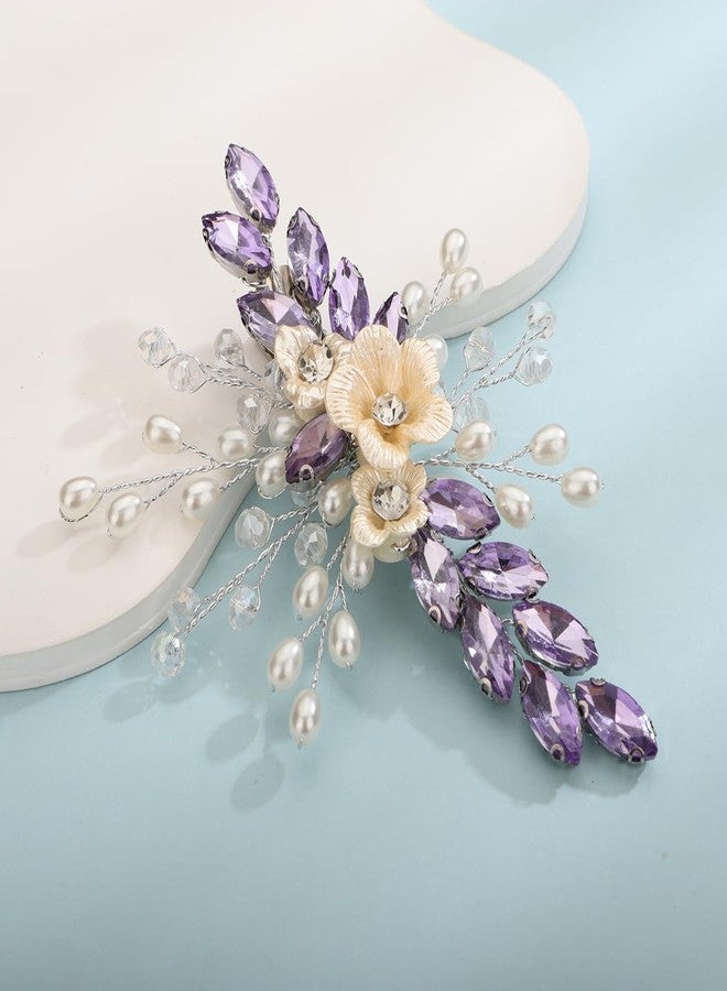 Xerling Light Purple Rhinestones Crystal Flower Hair Barrettes Clip Boho Bridal Pearl Hair Jewelry Accessories for Women Wedding Floral Headpieces (Purple A) - Image 3