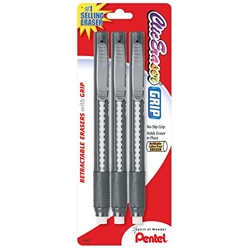 Pentel Clic Retractable Eraser with Grip Assorted Barrel Colors Pack of 3 ZE21BP3K6 - Image 1