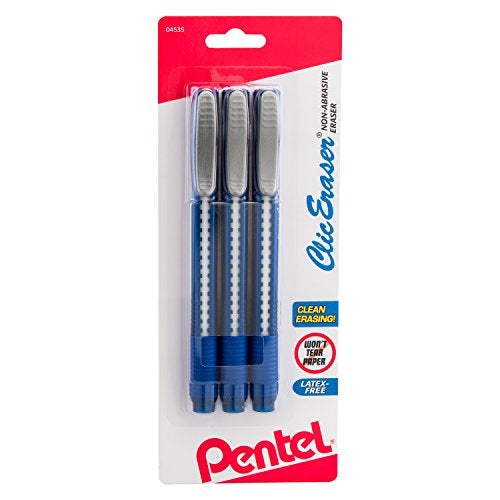 Pentel Clic Retractable Eraser with Grip Assorted Barrel Colors Pack of 3 ZE21BP3K6 - Image 3