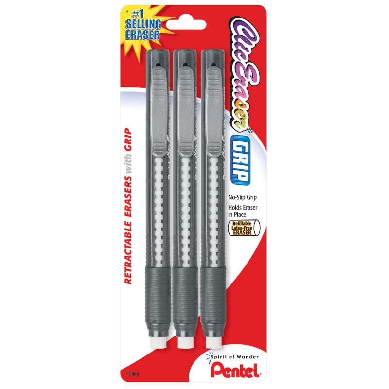 Pentel Clic Retractable Eraser with Grip Assorted Barrel Colors Pack of 3 ZE21BP3K6 - Image 2