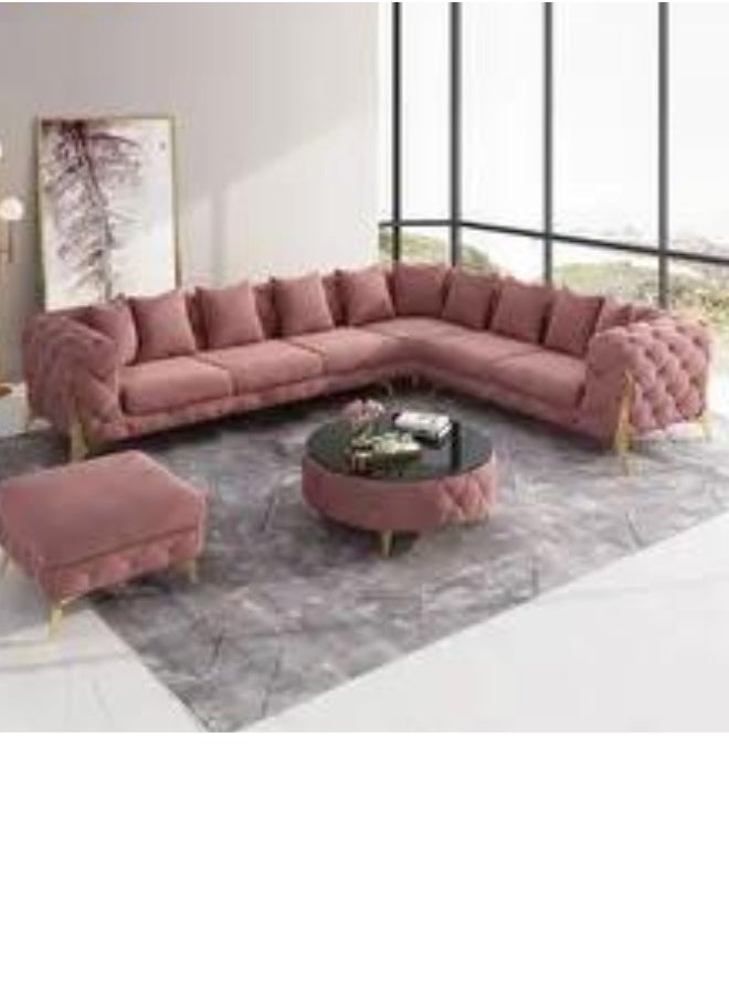 Maharat Al Bahar Elegant Velvet L-Shape Chesterfield Sofa Set 6 Seater with Golden Legs for Pink  - Image 1