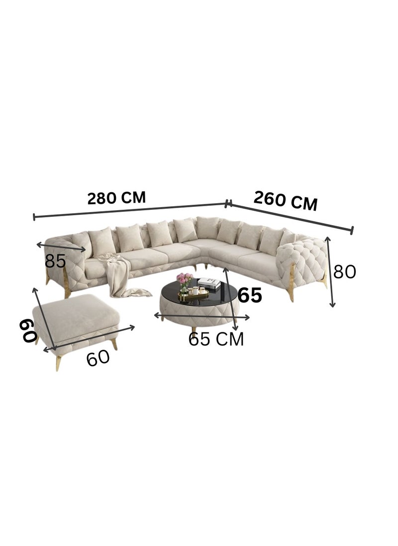 Maharat Al Bahar Elegant Velvet L-Shape Chesterfield Sofa Set 6 Seater with Golden Legs for Pink  - Image 2