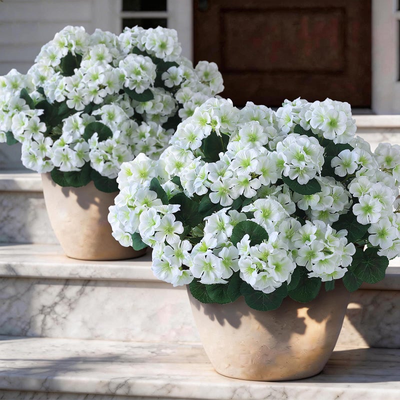 GLIDLION 12 Bundles Artificial Geranium Flowers for Spring Summer Decor, UV-Resistant Fake Plants Realistic Faux Silk Bouquets for Front Door Farmhouse Garden Porch Home Outdoor Decor (White) - Image 2
