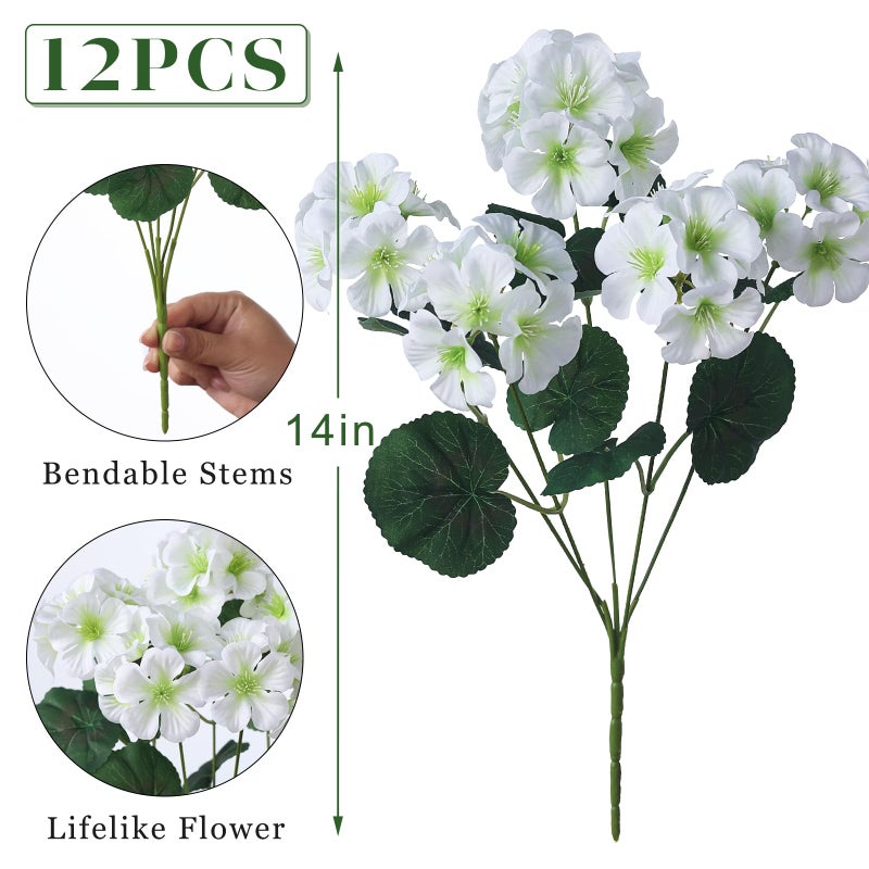 GLIDLION 12 Bundles Artificial Geranium Flowers for Spring Summer Decor, UV-Resistant Fake Plants Realistic Faux Silk Bouquets for Front Door Farmhouse Garden Porch Home Outdoor Decor (White) - Image 5