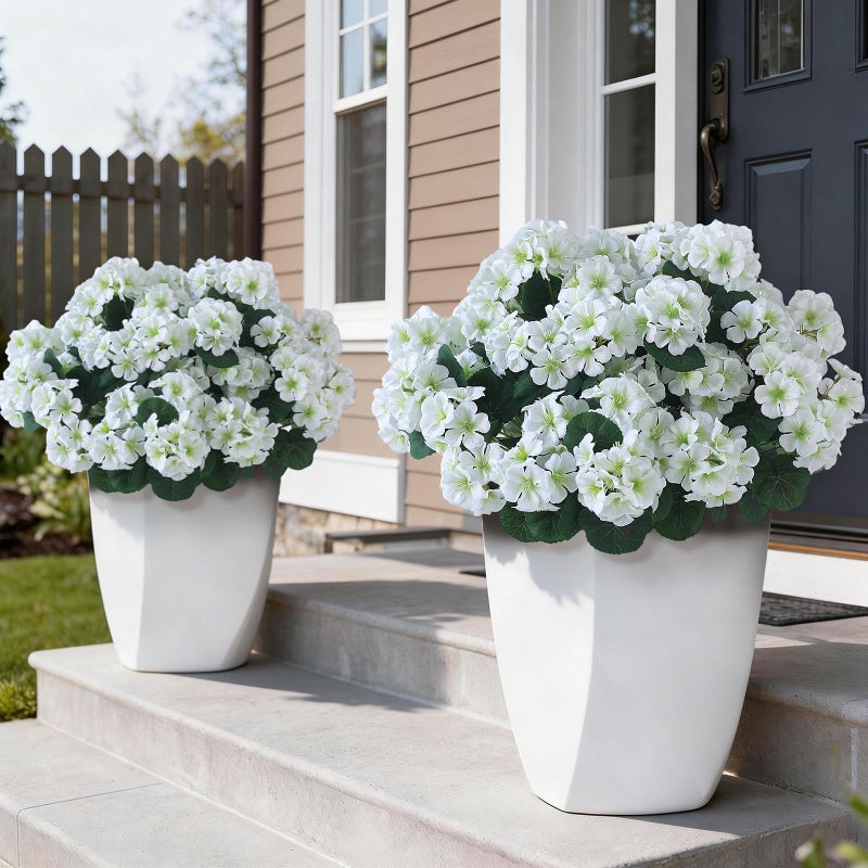 GLIDLION 12 Bundles Artificial Geranium Flowers for Spring Summer Decor, UV-Resistant Fake Plants Realistic Faux Silk Bouquets for Front Door Farmhouse Garden Porch Home Outdoor Decor (White) - Image 1