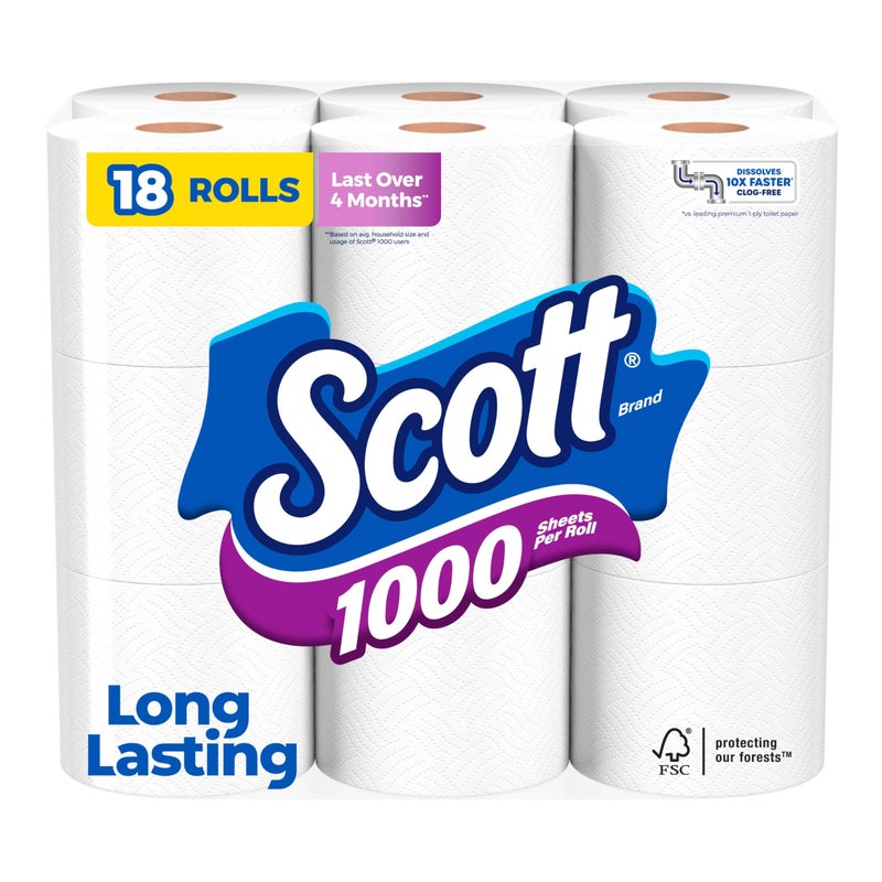 Scott 1000 Toilet Paper 18 Rolls SepticSafe 1Ply Toilet Tissue