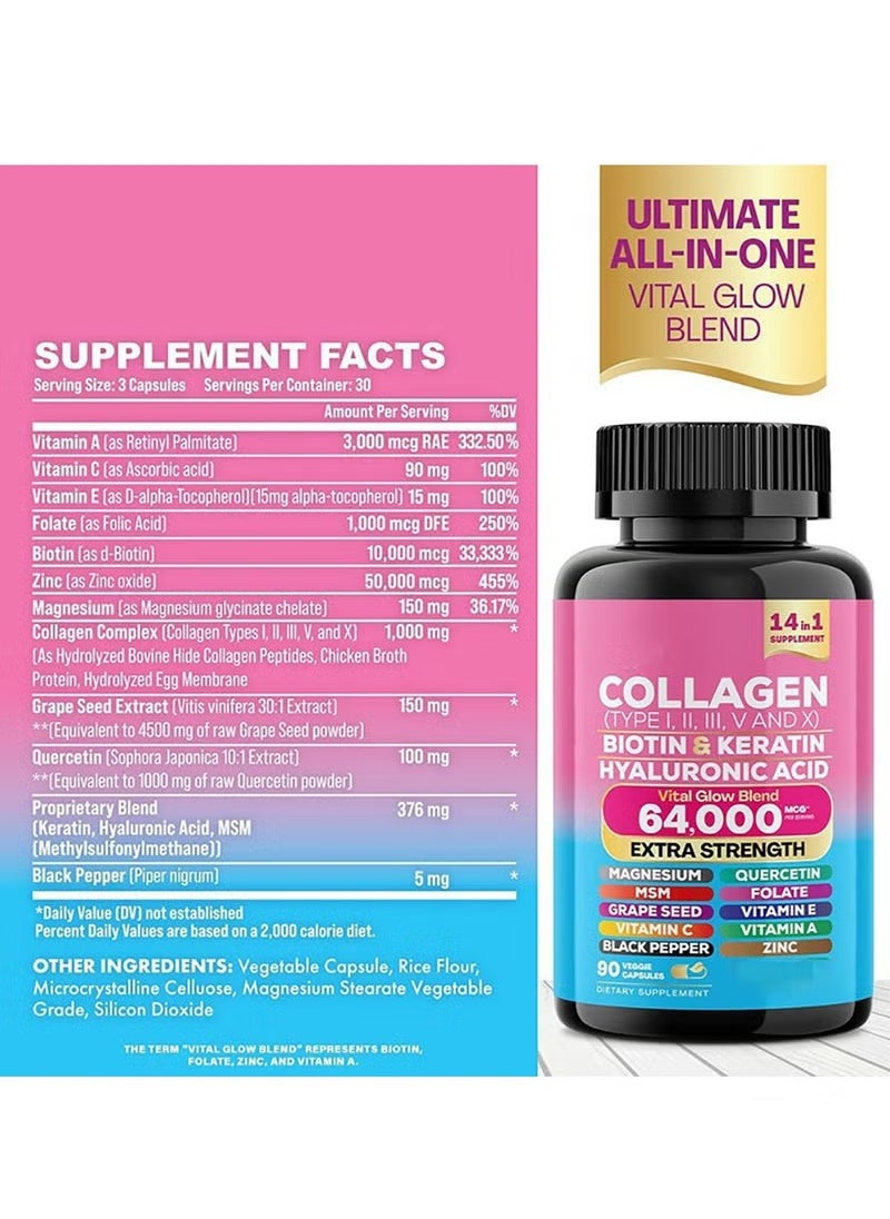 Collagen Pills Peptides Types I, II, III, V & X MCG Biotin Keratin Hyaluronic Acid MSM Vitamin A Vitamin C Vitamin E Folic Acid Zinc Magnesium with Grape Seed Extract, Quercetin 90 Caps
