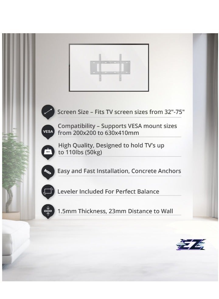 ELTRAZONE Fixed TV Wall Mount for 32”-75” Screens – Compatible with VESA 200x200mm to 630x410mm, Slim Design, Sturdy Support for Medium to Large TVs - Image 2