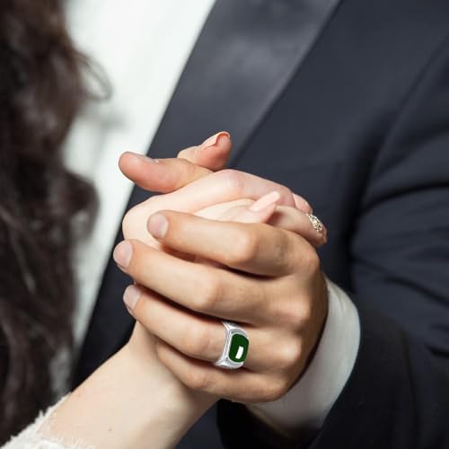 HAIXIAN Natural Agate White Gold Plated Sterling Silver Ring for Men,Green Onyx Emerald Stone Rings,Adjustable Handmade Mens Turkish Ring Jewelry (Emerald_D, Adjustable) - Image 2