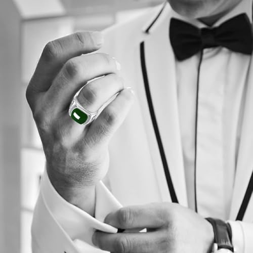 HAIXIAN Natural Agate White Gold Plated Sterling Silver Ring for Men,Green Onyx Emerald Stone Rings,Adjustable Handmade Mens Turkish Ring Jewelry (Emerald_D, Adjustable) - Image 4