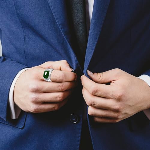 HAIXIAN Natural Agate White Gold Plated Sterling Silver Ring for Men,Green Onyx Emerald Stone Rings,Adjustable Handmade Mens Turkish Ring Jewelry (Emerald_D, Adjustable) - Image 3
