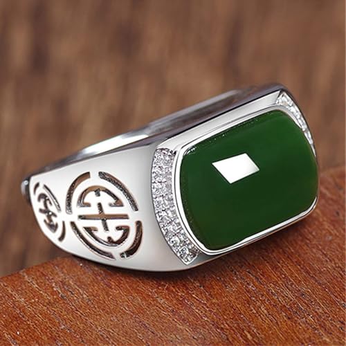 HAIXIAN Natural Agate White Gold Plated Sterling Silver Ring for Men,Green Onyx Emerald Stone Rings,Adjustable Handmade Mens Turkish Ring Jewelry (Emerald_D, Adjustable) - Image 5