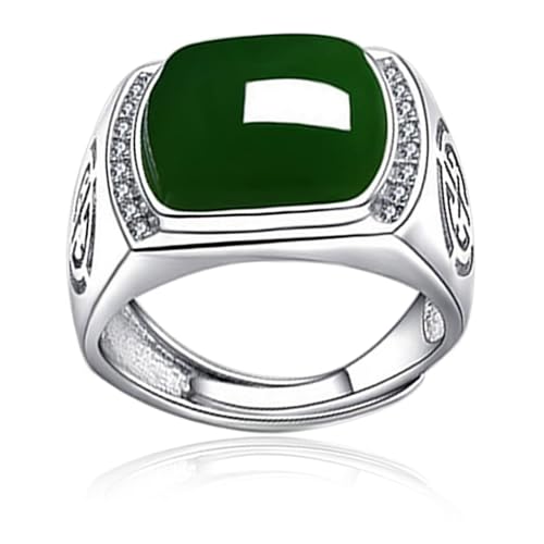 HAIXIAN Natural Agate White Gold Plated Sterling Silver Ring for Men,Green Onyx Emerald Stone Rings,Adjustable Handmade Mens Turkish Ring Jewelry (Emerald_D, Adjustable) - Image 1